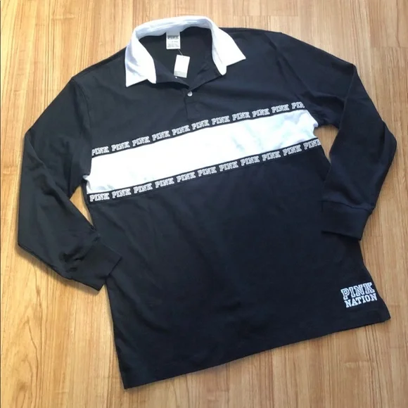 NWT PINK Rugby Logo Collared Shirt MEDIUM Retails $50 - Picture 2 of 10